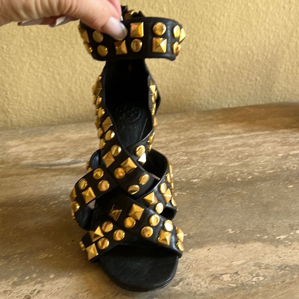Tory Burch black leather studded ankle wrap sandle